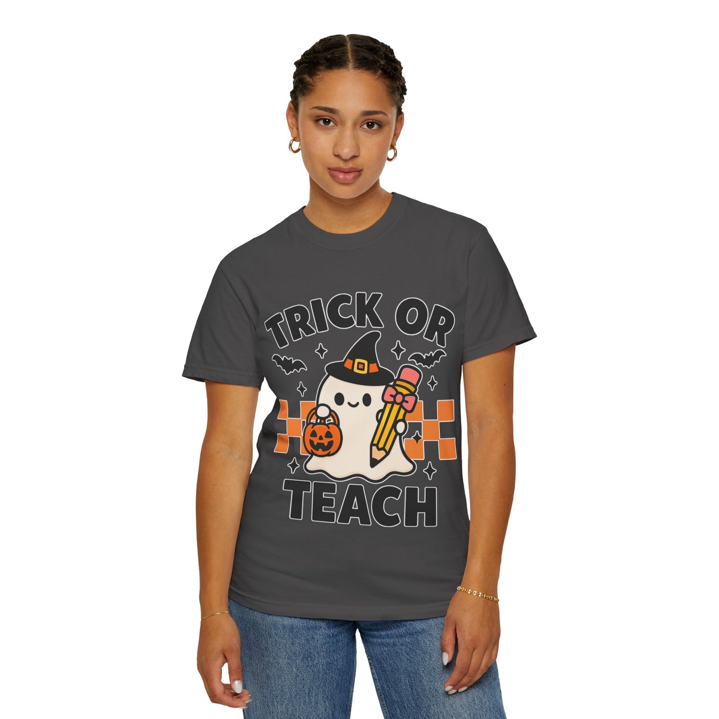 Trick or Teach Teacher Halloween Shirt β Cute Ghost Graphic Tee, Fall Classroom Costume Top, Fun Spooky Teacher Gift